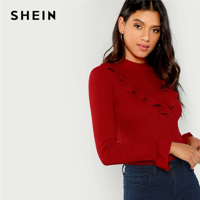 SHEIN Однотонный Топ С Длинными Рукавами И Оборкой На Груди, Нарядный Джемпер С Длинным Рукавом