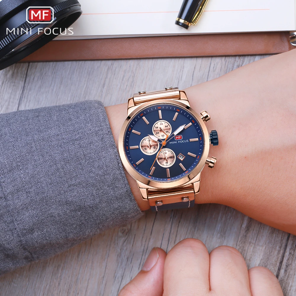 Часы MINIFOCUS мужские аналоговые из натуральной кожи водонепроницаемые кварцевые
