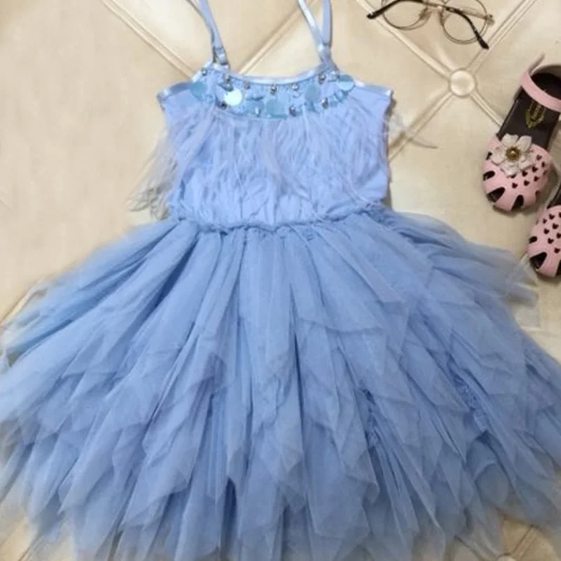 Blue Модное платье с кисточками и перьями для девочек 2-10 лет; нарядные платья для девочек на свадьбу; детское платье принцессы; костюм на день рождения; детская одежда - Цвет: Blue