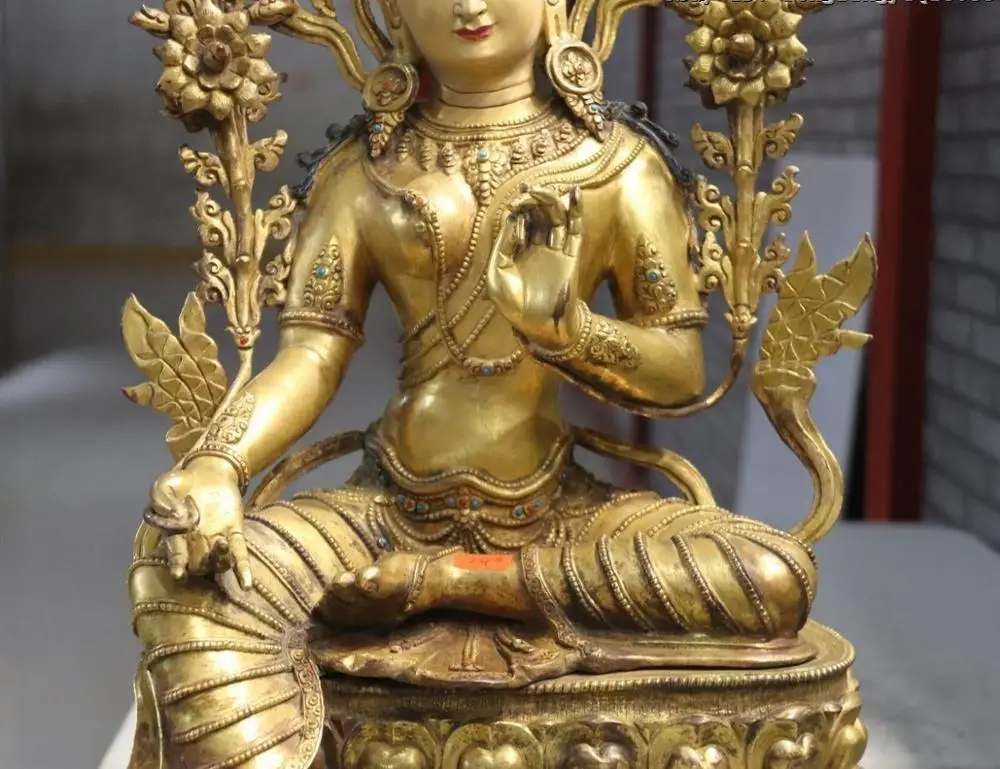 Тибет Лхаса старый Золотой позолоченная медь зеленый Tara Kwan-Yin Bodhisattva богиня Будда