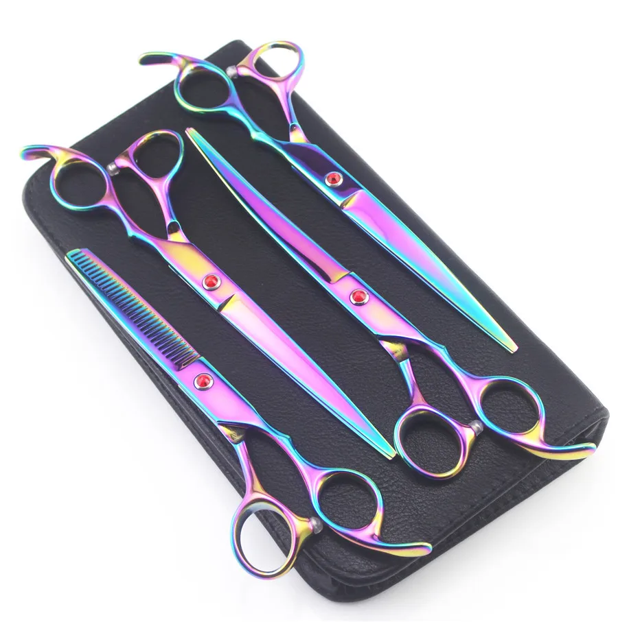 4 scissors 7,0 дюймов профессиональные ножницы для домашних животных для ухода за собакой высококачественные прямые и истончающие и изогнутые ножницы - Цвет: 4 scissors