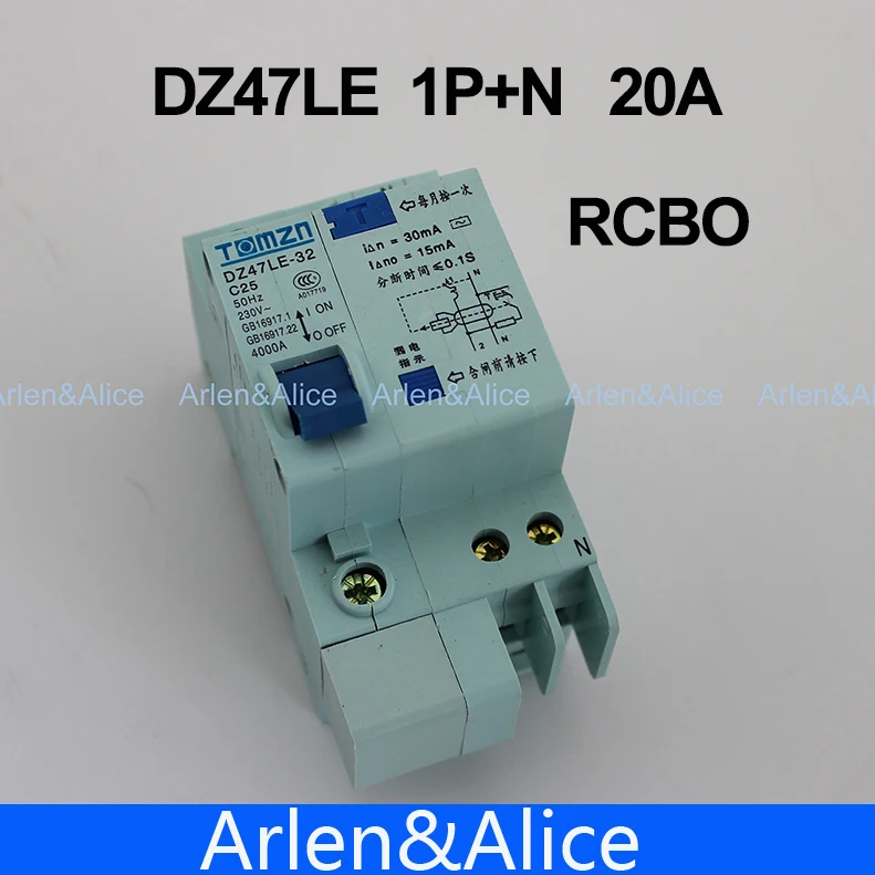 Автоматический выключатель DZ47LE 1P + N 20A 230V ~ 50 HZ/60 HZ с защитой от перегрузки по току и