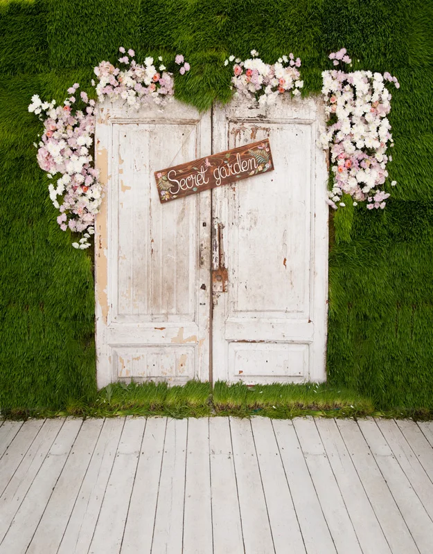 5x7FT секретный сад белые деревянные двери зеленая трава деревянный пол