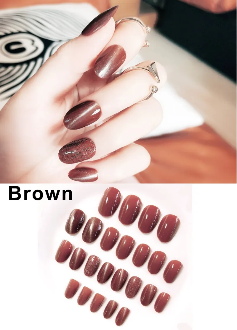 Brown 24 шт./компл. черные солнцезащитные очки "кошачий глаз", накладные ногти овальной формы с короткими искусственные накладные ногти голубые стразы фототерапия, полного покрытия, накладные ногти - Цвет: Brown