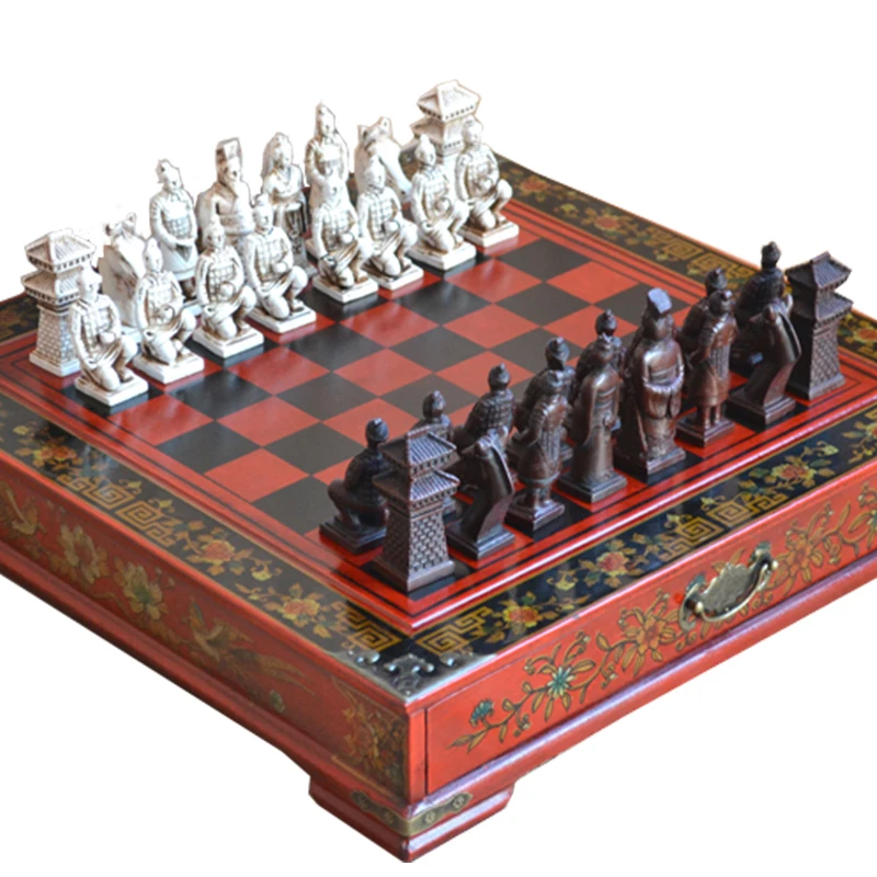 

Chinese Retro Terracotta Warriors Chess Vintage Carving Resin Chessman Christmas Birthday Premium Gift Quality Wood Material