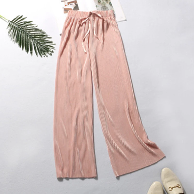 Женские брюки с высокой талией летние новые плиссированные однотонные девятью
