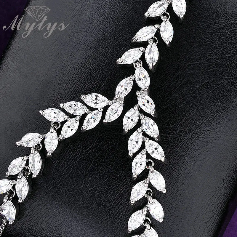 Mytys Модный браслет кольцо рука ладонь соединенный перстень с цирконом лоза лист