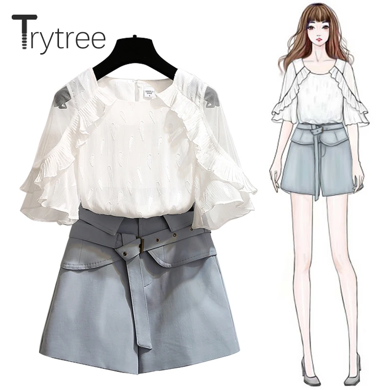 Trytree летний женский костюм из двух предметов Повседневное с оборками в полоску C