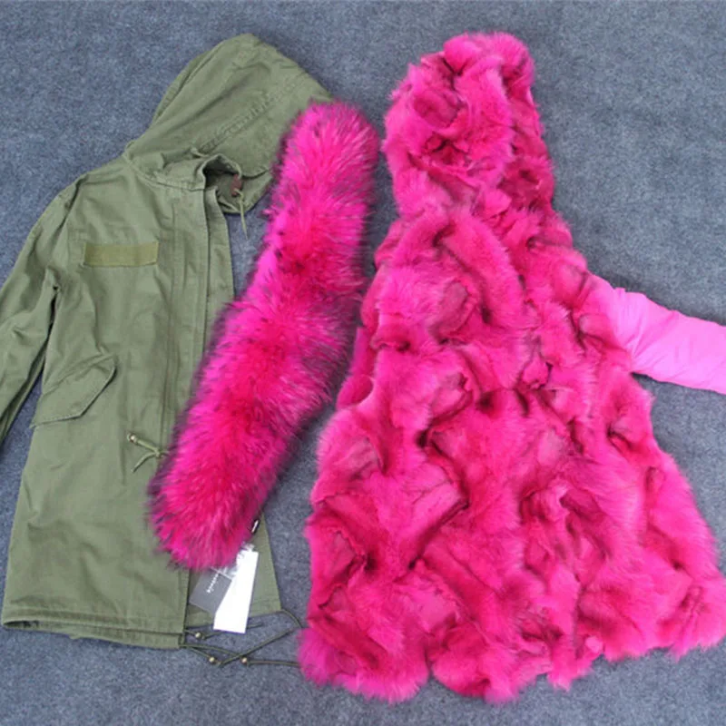 Женское пальто с капюшоном и подкладкой из лисьего меха толстая парка армейского