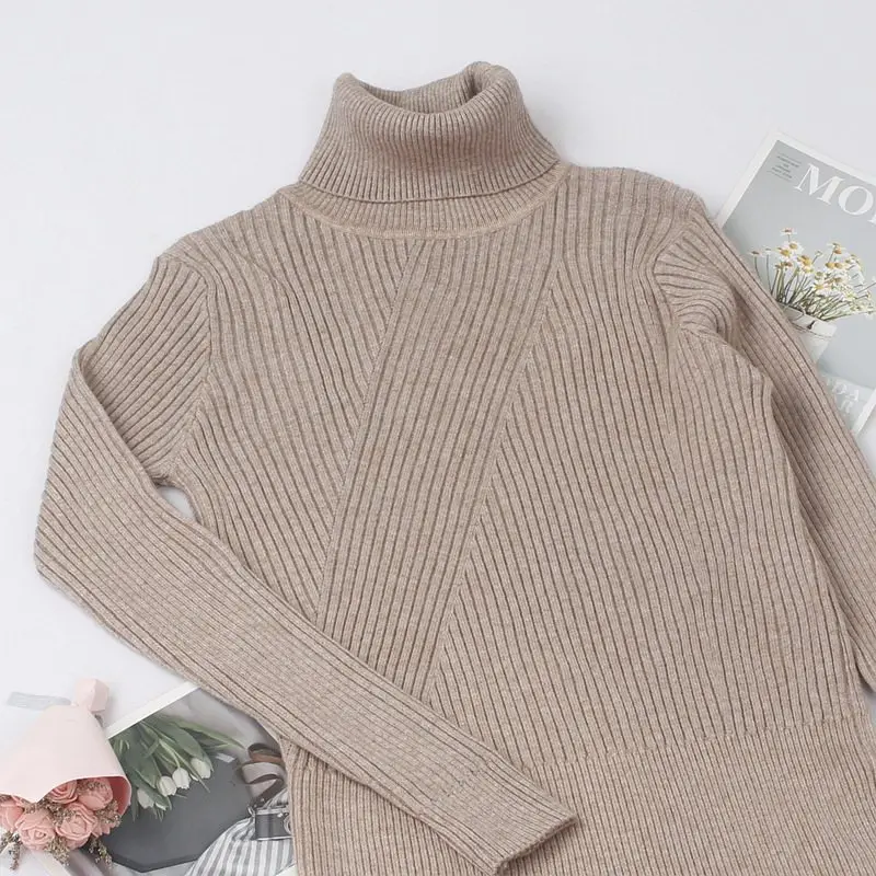 khaki 11789 ONLYSVTER, Осень-зима, женское платье-свитер с высоким воротом, модные платья в рубчик, длиной до колена, длинное, толстое, теплое женское платье - Цвет: khaki 11789