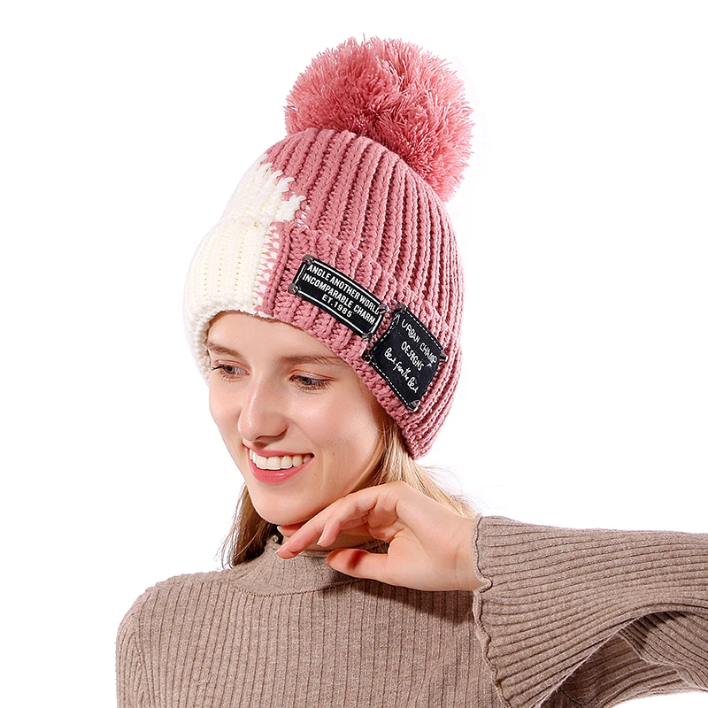 Новинка, теплая зимняя шапка, женская мода, Skullies Beanies, толстая меховая вязаная шапка для женщин, женские шапки с помпоном, двухцветная дизайнерская шапка