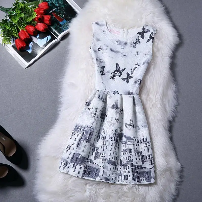 Новое поступление, Vestidos, летние повседневные платья с круглым вырезом, без рукавов, с принтом, женское винтажное платье принцессы, Черная Женская праздничная одежда