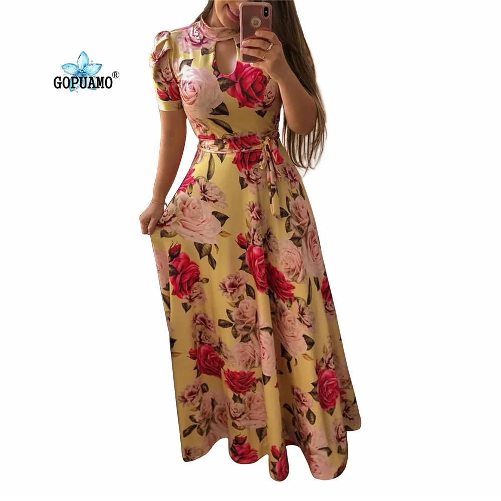 Новинка 2019 длинное платье с цветочным принтом коротким рукавом сексуальное