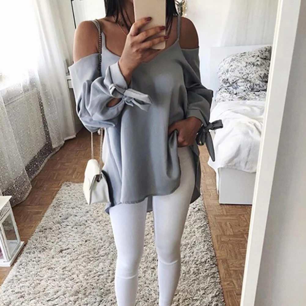 Новинка 2018 однотонная Сексуальная женская блузка с длинным рукавом и v-образным