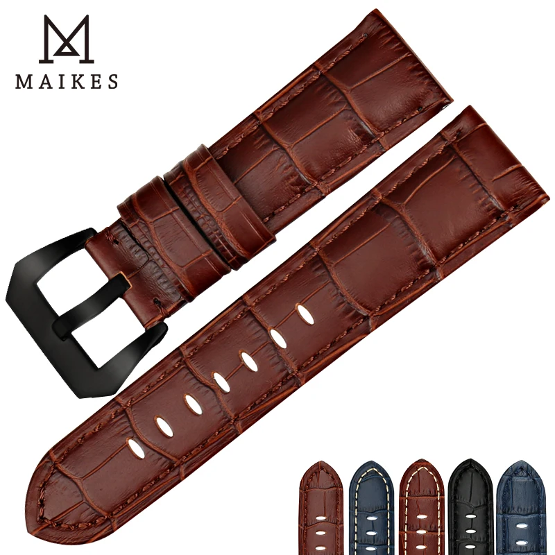 Ремешок MAIKES из натуральной кожи для наручных часов черный стальной браслет с