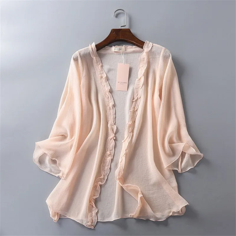 

Blouse Women White Light Pink Chiffon Shirts 2019 New Spring Summer Korean Sweet Beach Sunscreen Thin Tops Shirts Clothing LD758