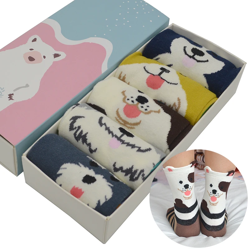 5 пар/уп. милые женские хлопковые носки с рисунком собаки каваи полосатая собака