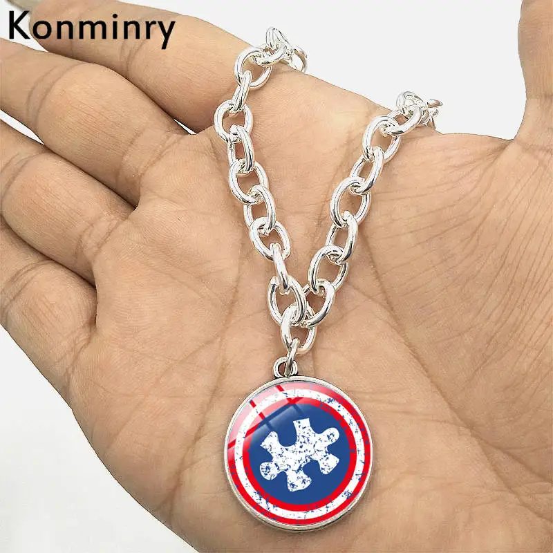 Konminry аутизма дизайн логотипа любовь браслет со стеклянным кабошоном кулон ручной работы серебристого цвета; Цвета цепь с плетением «бабочка» BangleFor Для женщин Для мужчин