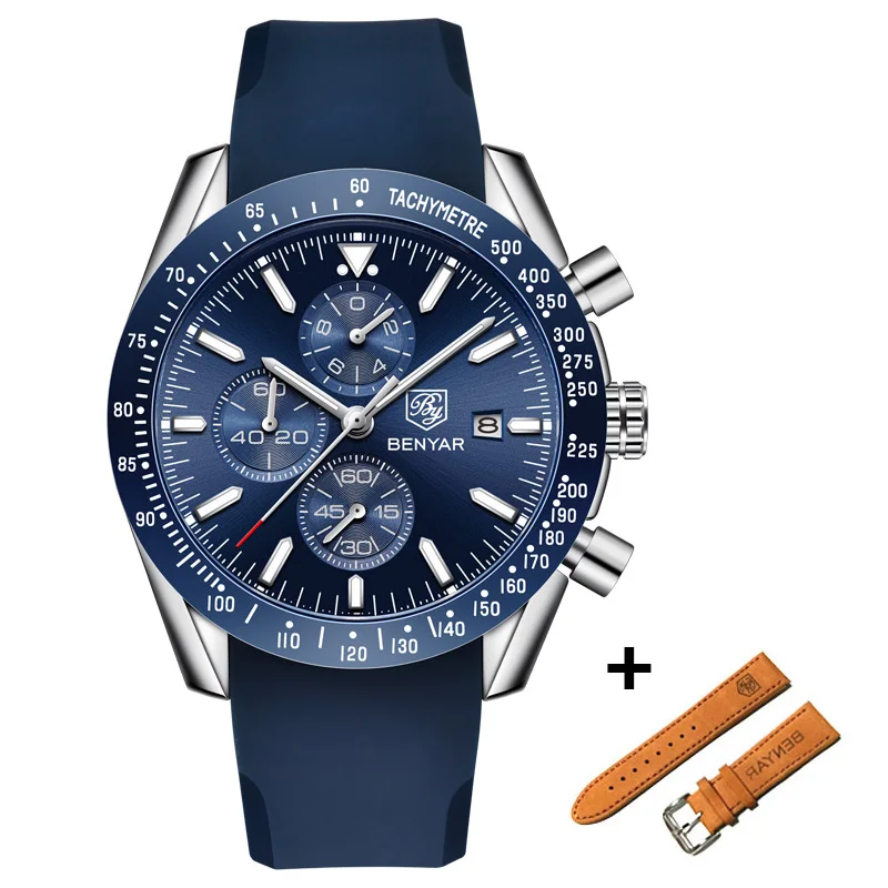 Silicon Silver Blue BENYAR мужские s комплект часов бизнес полный стальной кварцевые часы мужские роскошные повседневные водонепроницаемые спортивные часы Relogio Masculino - Цвет: Silicon Silver Blue