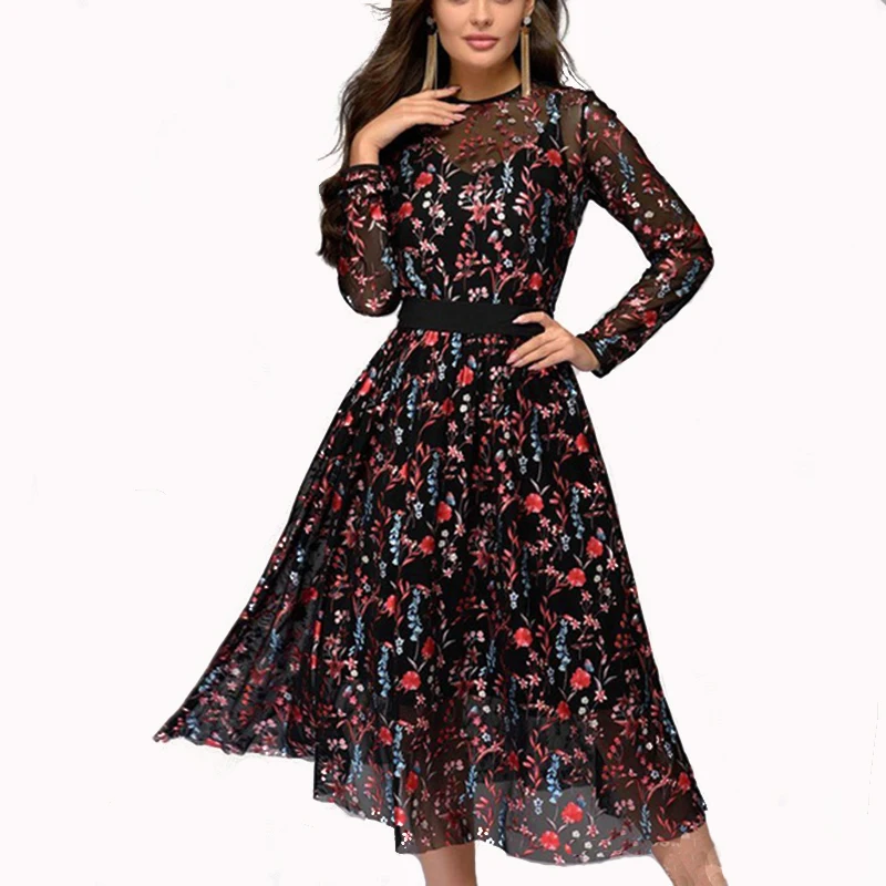 Сексуальные женские платья с цветочной вышивкой Платье До Колена прозрачное