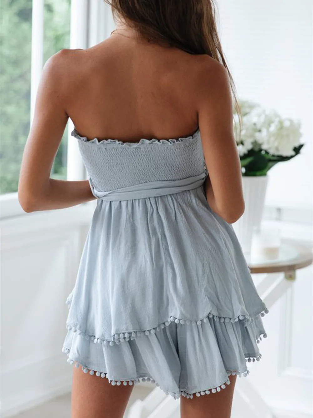 Летний комбинезон женский из хлопка и льна сплошной цвет оборки обёрточная