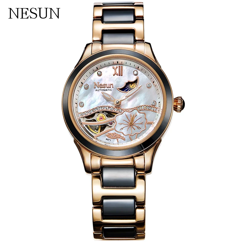 RoseGoldBlack NESUN для женщин полые автоматические механические часы люксовый бренд часы Водонепроницаемый Мода Moon Phase наручные часы дамы Reloj Mujer - Цвет: RoseGoldBlack
