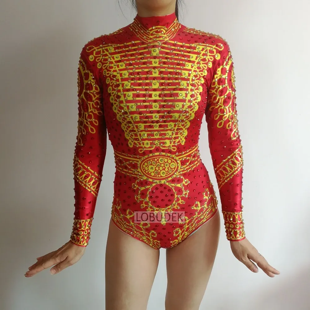 Золотисто красный костюм зентай с кристаллами для ночного клуба женщин DJ певица