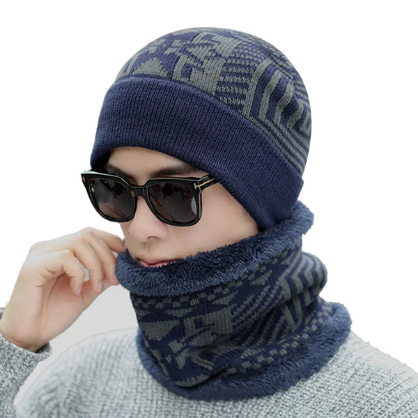 navy set YOUBOME бренд Skullies Beanies Мужская вязаная шапка зимние головные уборы для мужчин и женщин шарф теплый шею толстый мужской кольцо зимняя шапка - Цвет: navy set