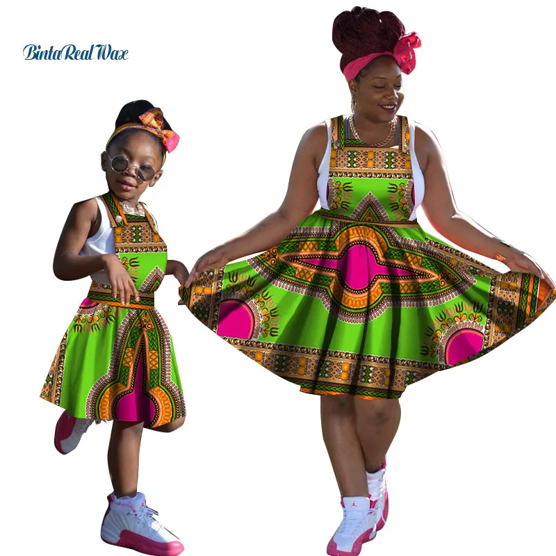 Casual Bazin Riche Mom and Daughter Clothes Strap Dress Dashiki African Print Dresses for Women African Women Clothing WYQ110