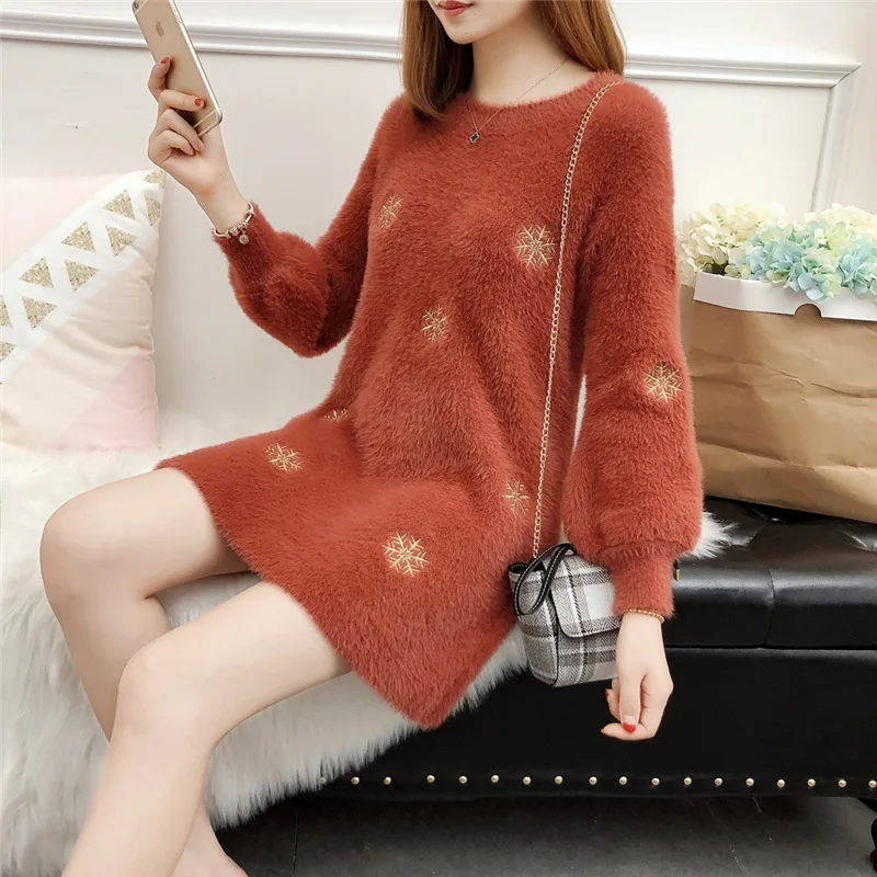 Autumn New Sweater Women O-Neck Pullover Imitation Velvet Long Loose Snowflake Embroidered Lantern Sleeve Knitted MZ3155 |