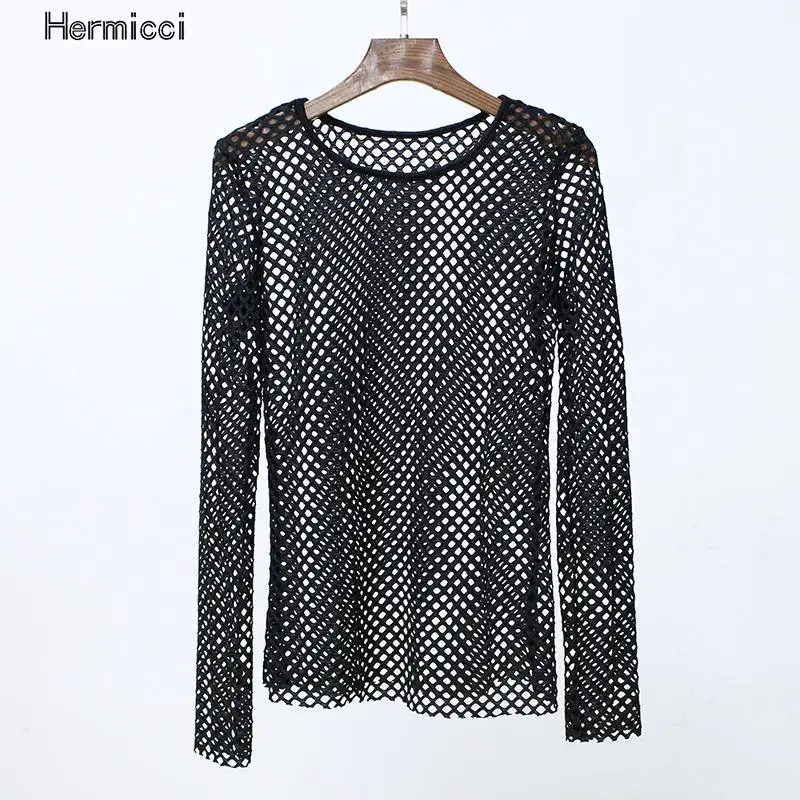 Модная женская сексуальная черная прозрачная сетчатая рубашка Hermicci свободная