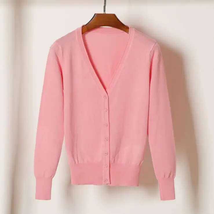 pink Queechalle, 28 цветов, вязаные кардиганы, весна-осень, кардиган, женские повседневные топы с длинным рукавом, v-образный вырез, Однотонный женский свитер, пальто - Цвет: pink