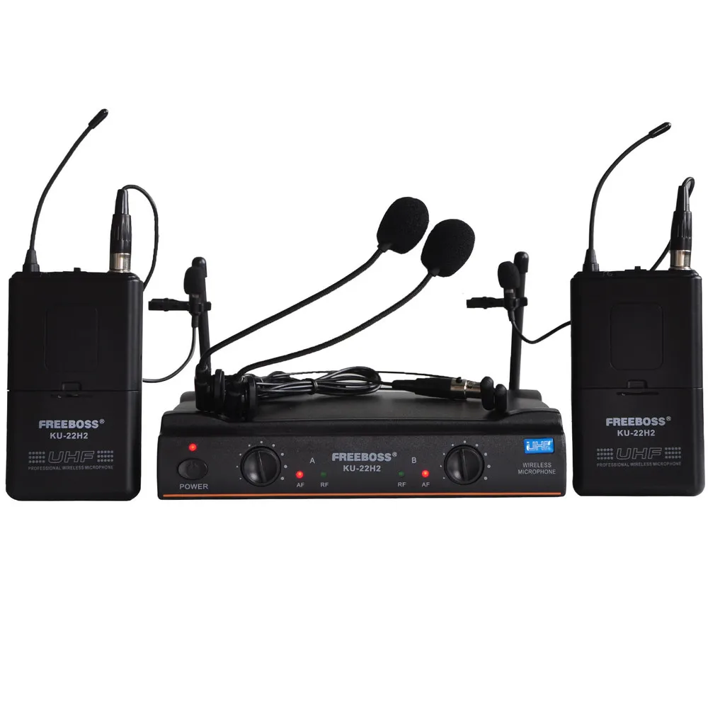 FREEBOSS KU-22H2 UHF Беспроводная микрофонная система DJ Караоке 2 нагрудных 2 микрофона гарнитуры(2 передатчика