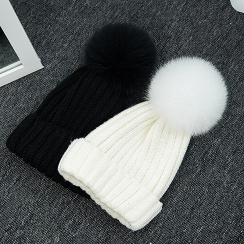 HSPL шапка из лисьего меха женская вязаный свитер черная бини для зимы модные