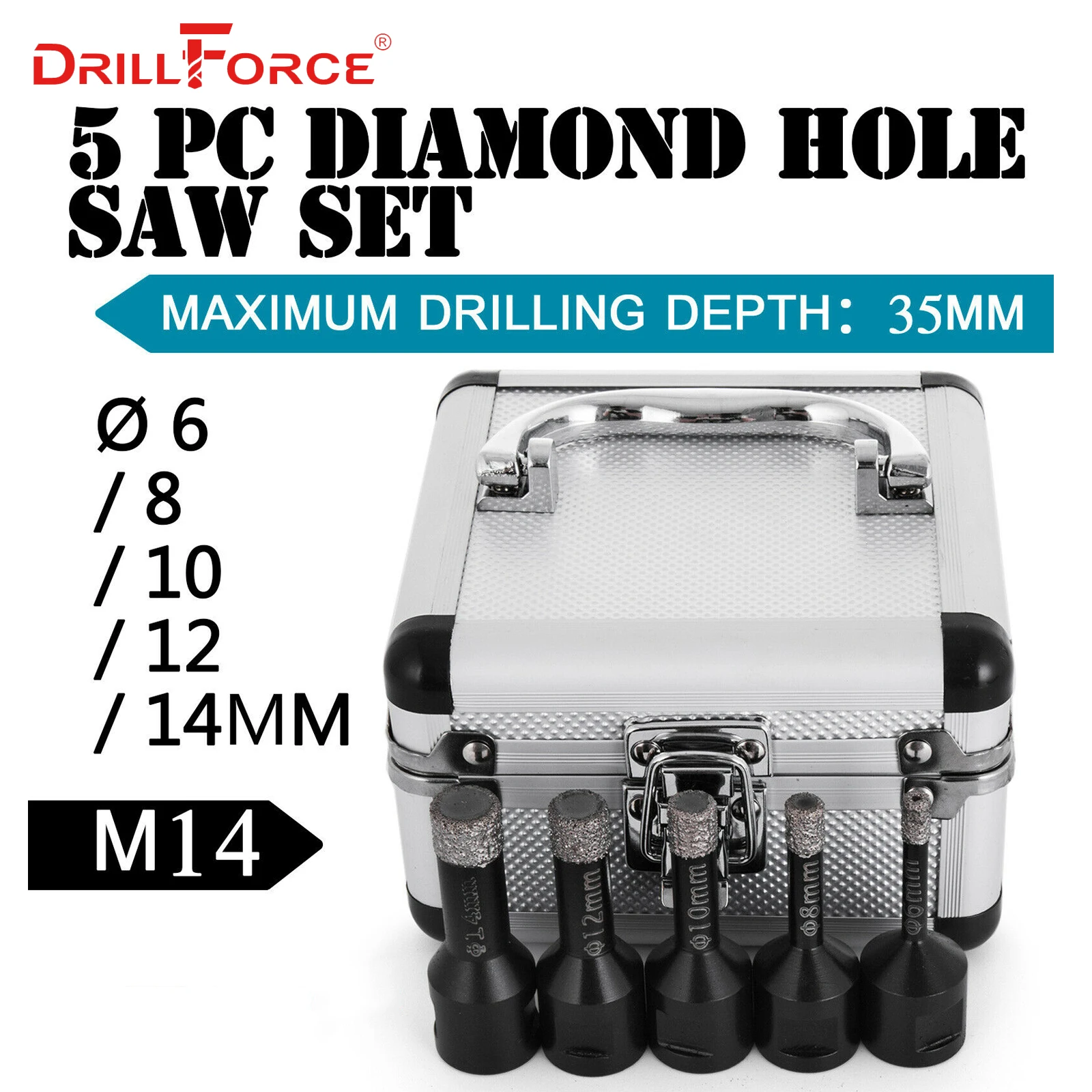Drillforce 5PCS Diamond Hole Saws Set 6/8/10/12/14mm M14 Durable Carborundum Ceramics M14 Thread Drill Core