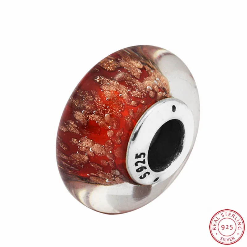 Красные мерцающие муранские стеклянные бусины с краем золотого цвета DIY Fit PANDORA Подвески Серебро 925 для женщин Изготовление ювелирных изделий P5041