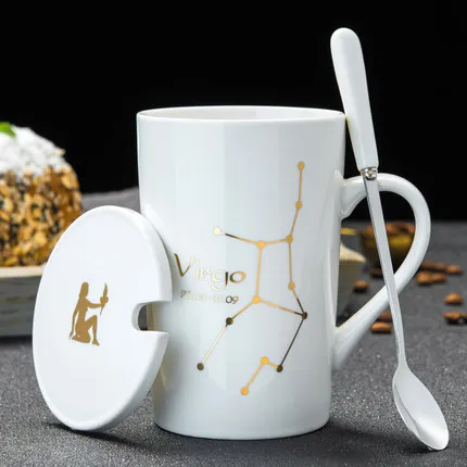 6 Virgo 12 унций Созвездие креативные керамические кружки, кофейная кружка с крышкой ложки большой емкости чашки и кружки для чая tasse chat - Цвет: 6 Virgo