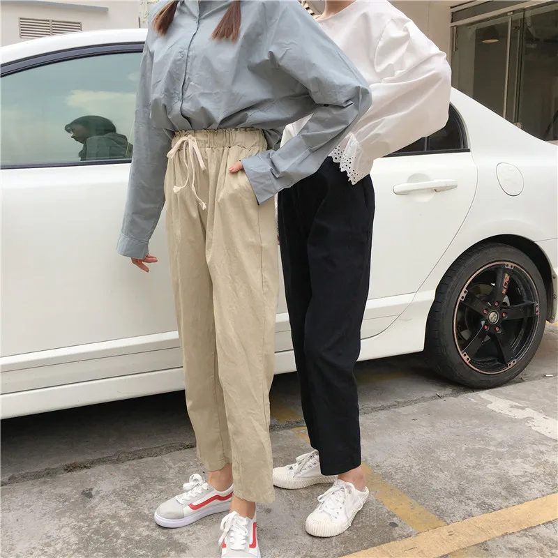 Корейский стиль моды свободные женские брюки Harajuku чистый цвет досуг шнурок брюки студентов высокой эластичной талией черные брюки