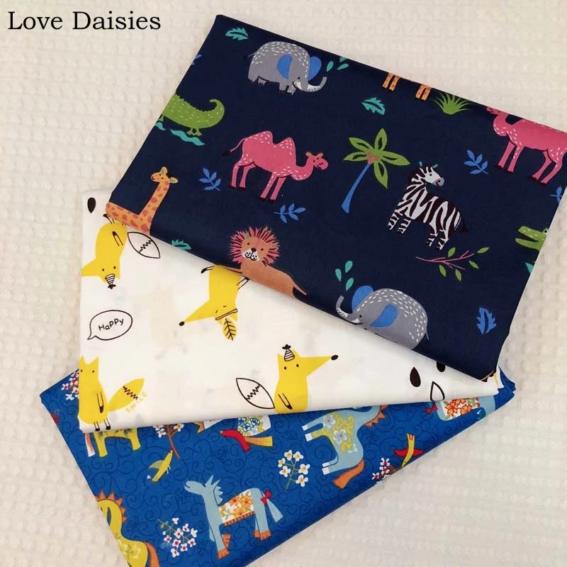

100% Cotton Twill DARK BLUE WHITE Cartoon Zoo Animals Yellow Fox Lucky Horse Fabric for Bedding Sheet Apparel Handcraft Decor