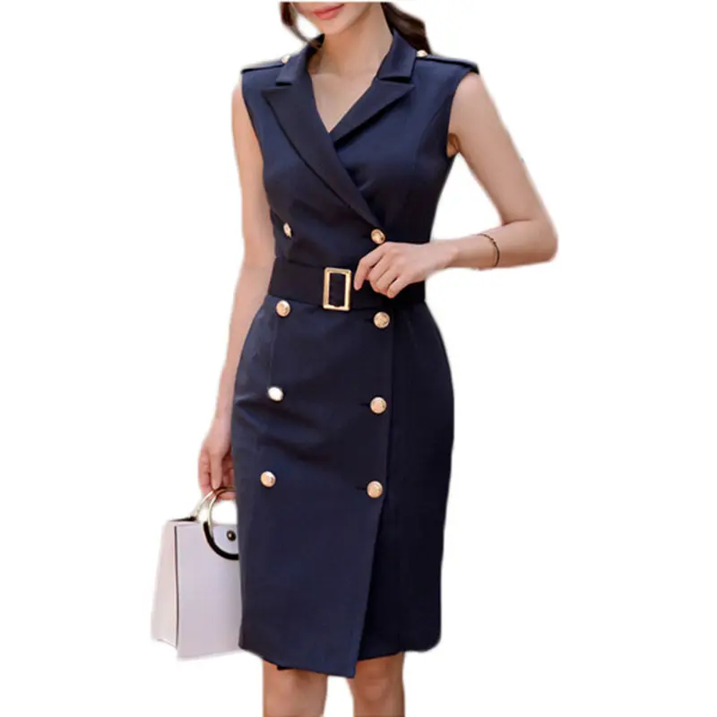 2019 Summer Office Lady Dress V-neck Korean Double Button Slim Bodycon Pencil Dresses Elegant Fashion Vestido OL Work f553 | Женская