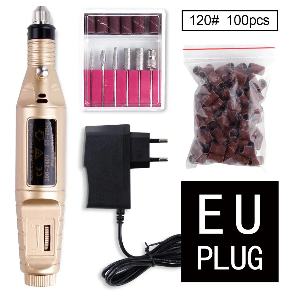 gold set B EU plug Профессиональный электрический аппарат для маникюра, ручка для лака, пилка для ногтей, инструменты для педикюра, керамические фрезы, дрель для ногтей, фрезерный аппарат для маникюра - Color: gold set B EU plug