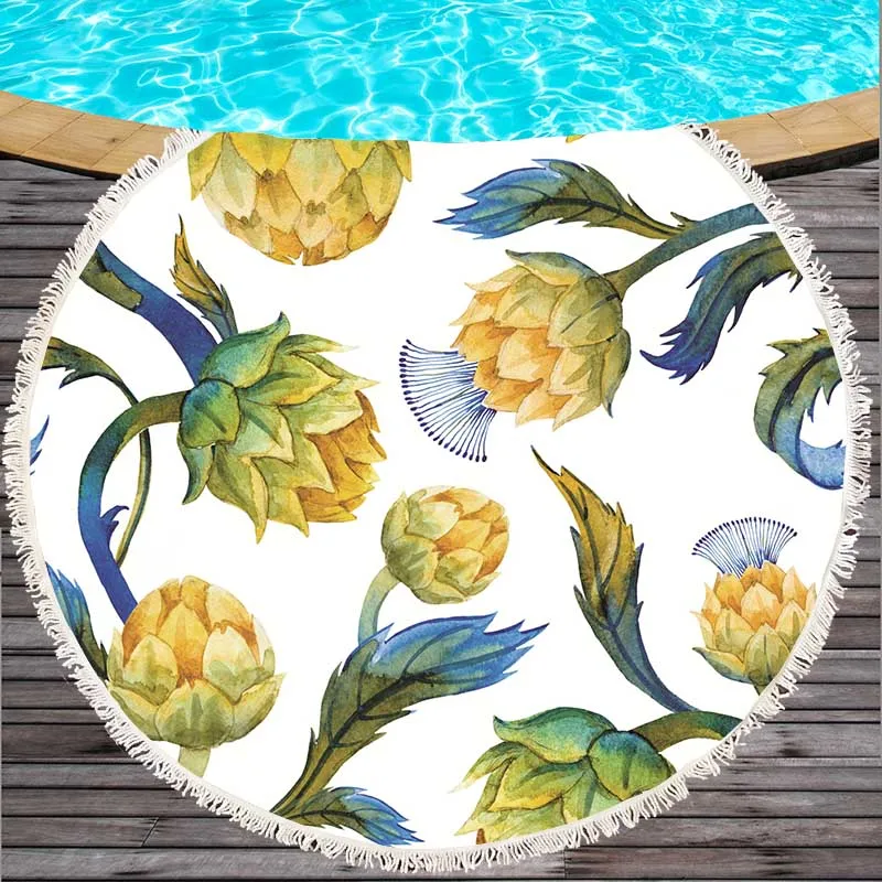 with tassel super fine fiber printed beach towel napkin 150 cm round towelDH009 | Дом и сад