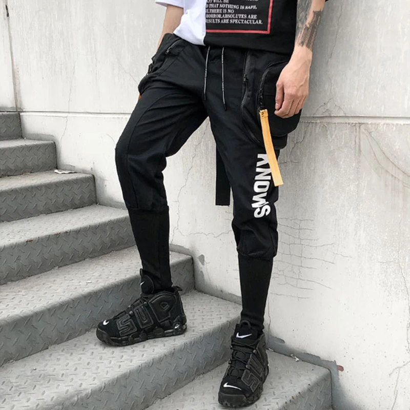 Джоггеры мужские с несколькими карманами черные брюки султанки лентами