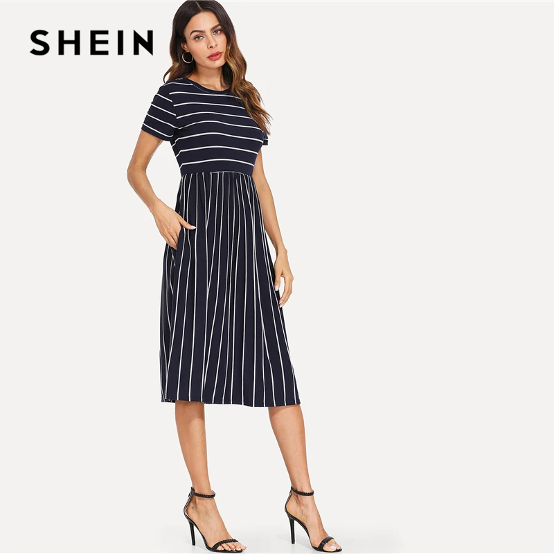 SHEIN Платье С Полосками Элегантное Платье С Коротким Рукавом Летние Женские Повседневные Платья