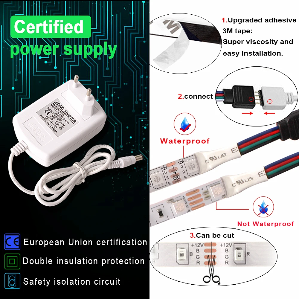 Светодиодные ленты водостойкие SMD 2835 RGB ленточный светильник с Питание DC12V + Wi Fi