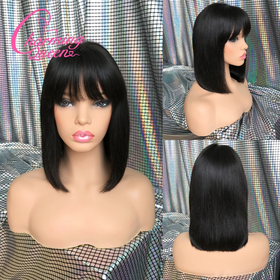Charming Queen 13*4 Lace Front Human Hair Wigs With Bangs 130% Brazilian Remy Hair Straight Short Bob Wigs For Women Baby Hair
