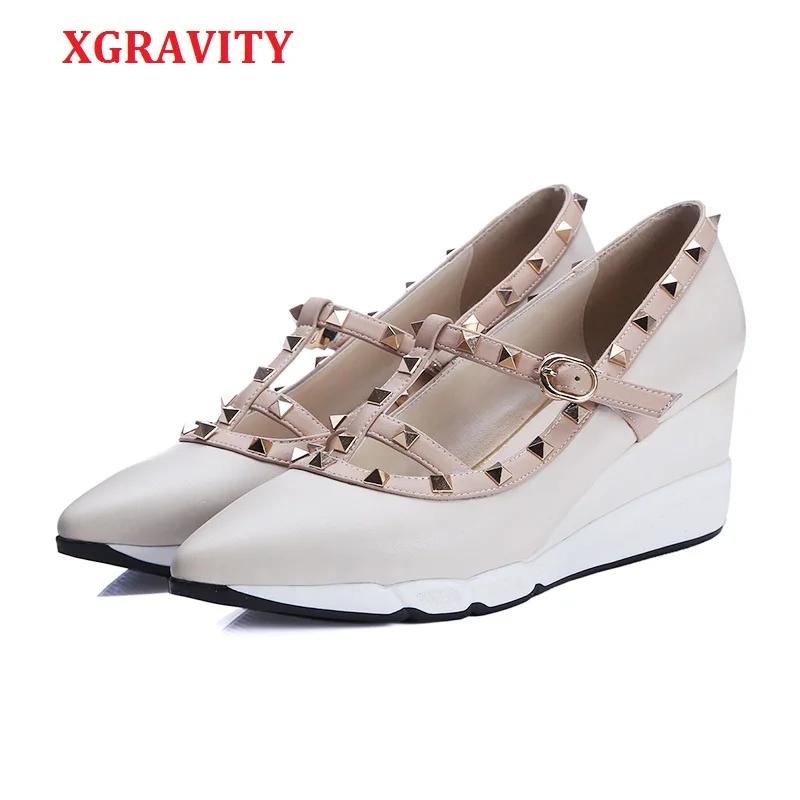 XGRAVITY модная обувь из натуральной кожи с пряжкой Женская заклепками на высоком