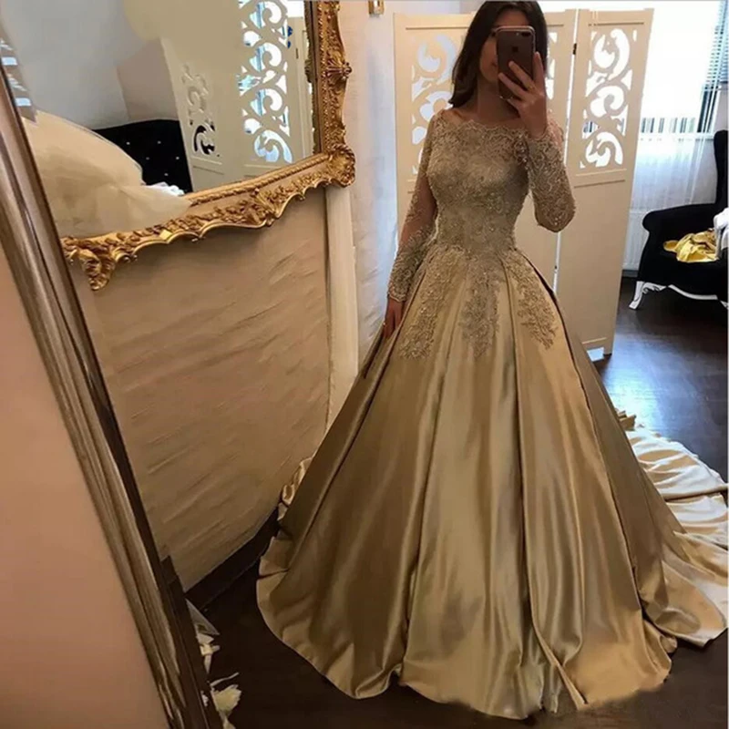 

Gold Appliques A Line Prom Dresses Women Formal Evening Party Gown Soft Satin Long Sleeves Boat Neck Robe De Cocktail Dress 2023