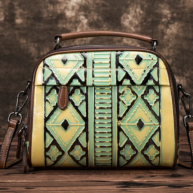 Натуральная тисненая кожа с верхней ручкой сумка тоут в национальном стиле Ретро