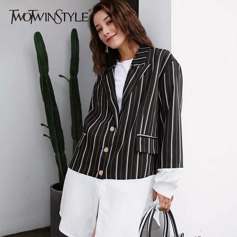 TWOTWINSTYLE Striped Patchwork Blazer Tops Female Long Sleeve Casual Blazers Coat Women Vintage Clothes Big Size 2018 Autumn New | Женская